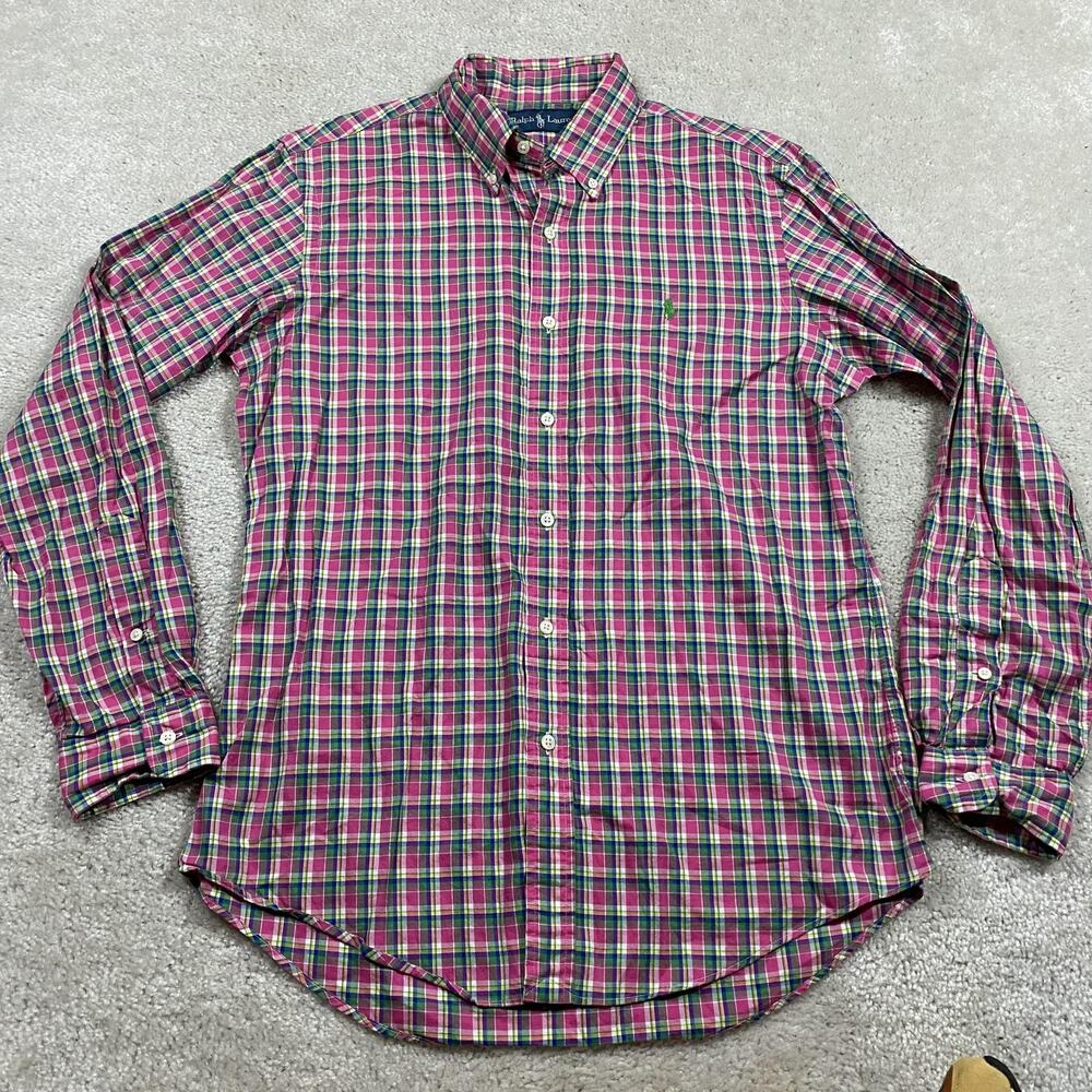 Ralph Lauren Shirt Mens M Pink Green Plaid Button Down Cotton Pony Logo Preppy